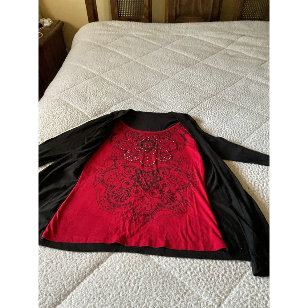 Unbranded Layered Top Women Medium Red Black Excellent Mandala Rhinestone